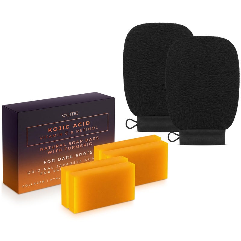 VALITIC 4 Pack Kojic Acid Vitamin C  Retinol Soap Bars for Dark Spot  A Pair of Black Exfoliating Gloves for Body Scrubs