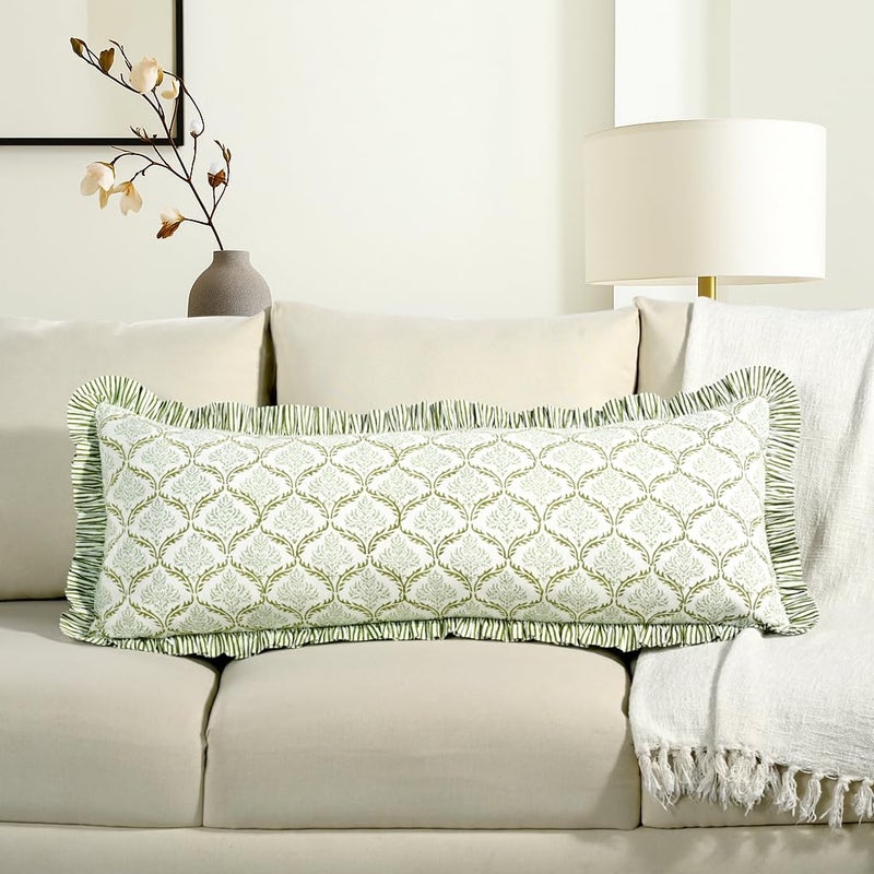 CPC COTTON PRINT CLUB CPC Hand Block Print Fern Regal Ruffle Sham Pillow Cover 36" x 14" inch Hidden Zipper Decorative Pillowcase for Couch, Bed, Sofa, Farmhouse, Cottagecore Decor Gift Spring, Easter, Valentine - Image 1