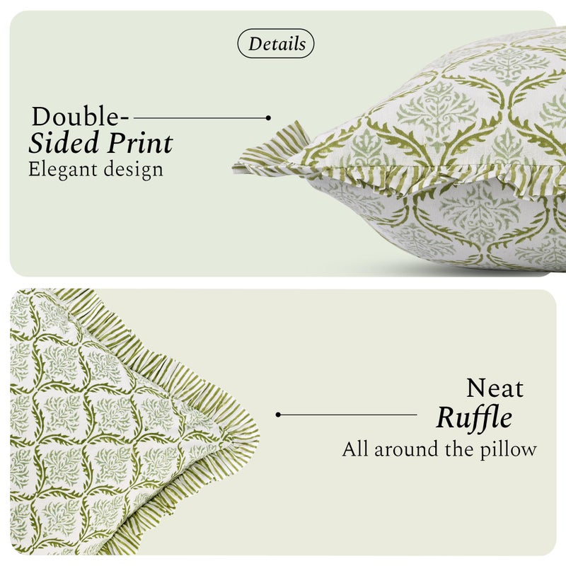 CPC COTTON PRINT CLUB CPC Hand Block Print Fern Regal Ruffle Sham Pillow Cover 36" x 14" inch Hidden Zipper Decorative Pillowcase for Couch, Bed, Sofa, Farmhouse, Cottagecore Decor Gift Spring, Easter, Valentine - Image 2