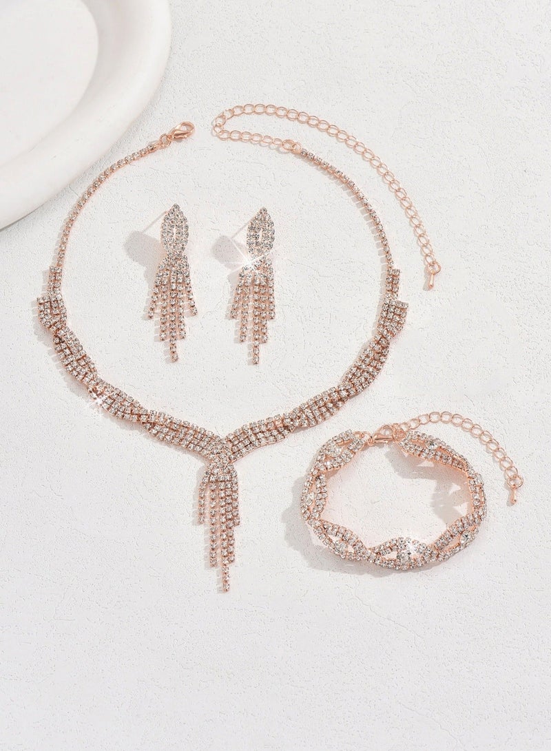 JOOLI 3 piece Jewelry Set of Necklace Bracelet Earrings Shiny Drop Shape Chic Oval Rhinestone Jewellery Set for Women Ladies Gift for Girlfriend Wife Mother Bridesmaids Feast Wedding Accessories - Image 2