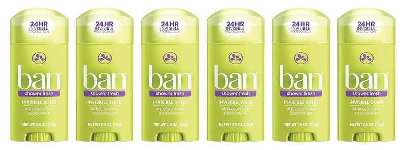 Ban Antiperspirant Deodorant for Women and Men, Invisible Solid, Shower Fresh, 2.60 Ounce (Pack of 6)
