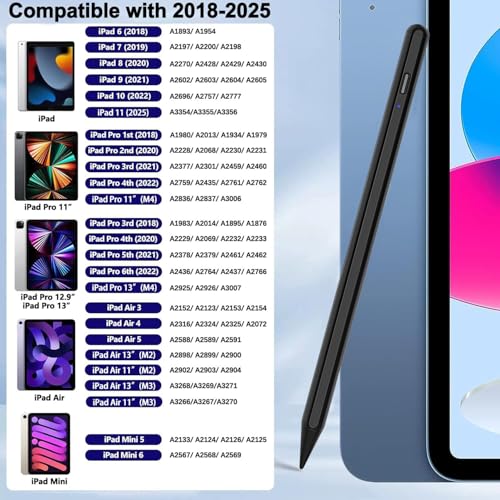 SuitMeeUp Stylus Pen for iPad 2025-2018 Active Pen 11th & 10th Gen Fast Chagring Stylus Pencil with Palm Rejection for Apple iPad 11th/A16/10/9/8/7/6th,Pro 12.9/11/13 inch M4,Air M2/M3/5/4/3,Mini A16/5th/6th - Image 3