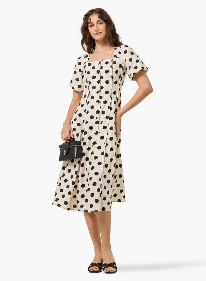 Splash FAV White Polka Dot Print A-line Midi Women Dress with Square Neck for Women | Best Price UAE