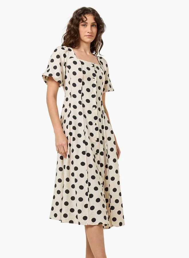 Polka Dot Print A-line Midi Women Dress with Square Neck