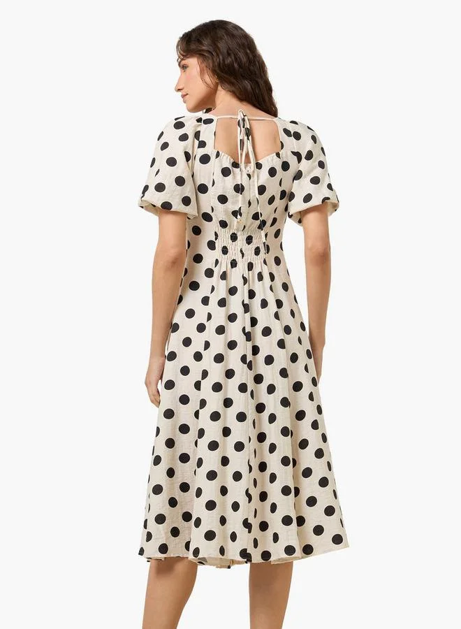 Splash FAV White Polka Dot Print A-line Midi Women Dress with Square Neck for Women | Best Price UAE