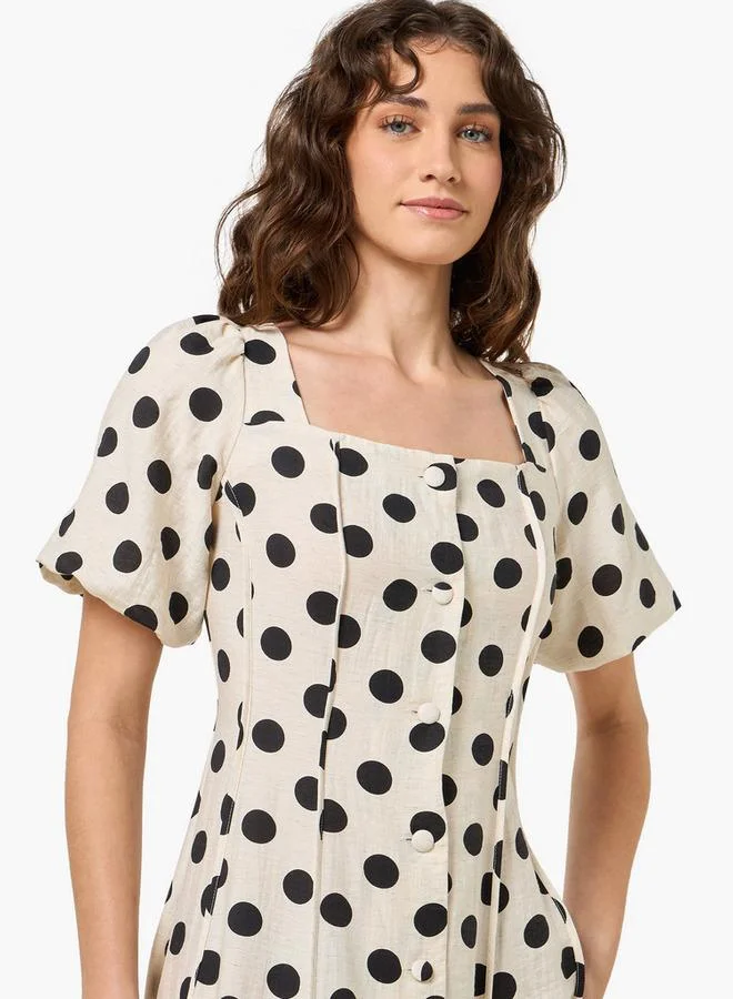 Splash FAV White Polka Dot Print A-line Midi Women Dress with Square Neck for Women | Best Price UAE