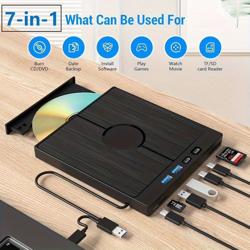 محرك أقراص CD DVD خارجي 7 في 1، USB 3.0، نوع C، أسود مع قارئ بطاقات - Image 1