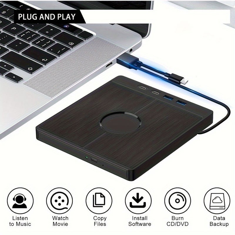 محرك أقراص CD DVD خارجي 7 في 1، USB 3.0، نوع C، أسود مع قارئ بطاقات - Image 3