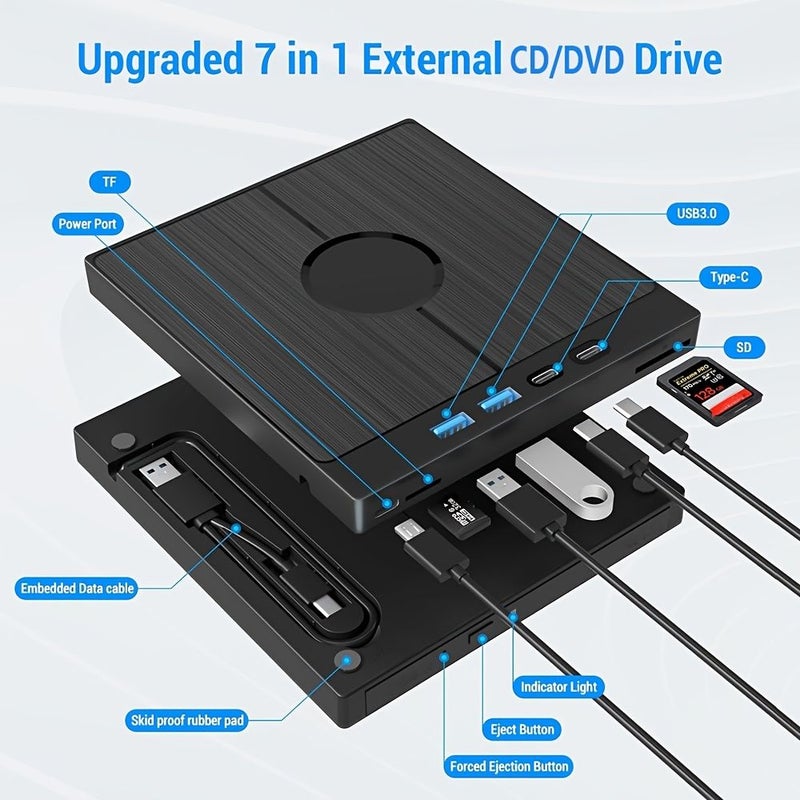 محرك أقراص CD DVD خارجي 7 في 1، USB 3.0، نوع C، أسود مع قارئ بطاقات - Image 4