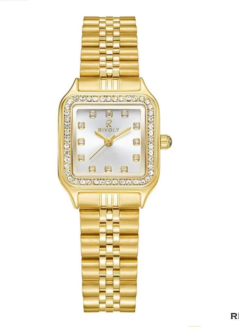 Women's wristwatch with a stainless steel bracelet and a zircon-studded dial.
