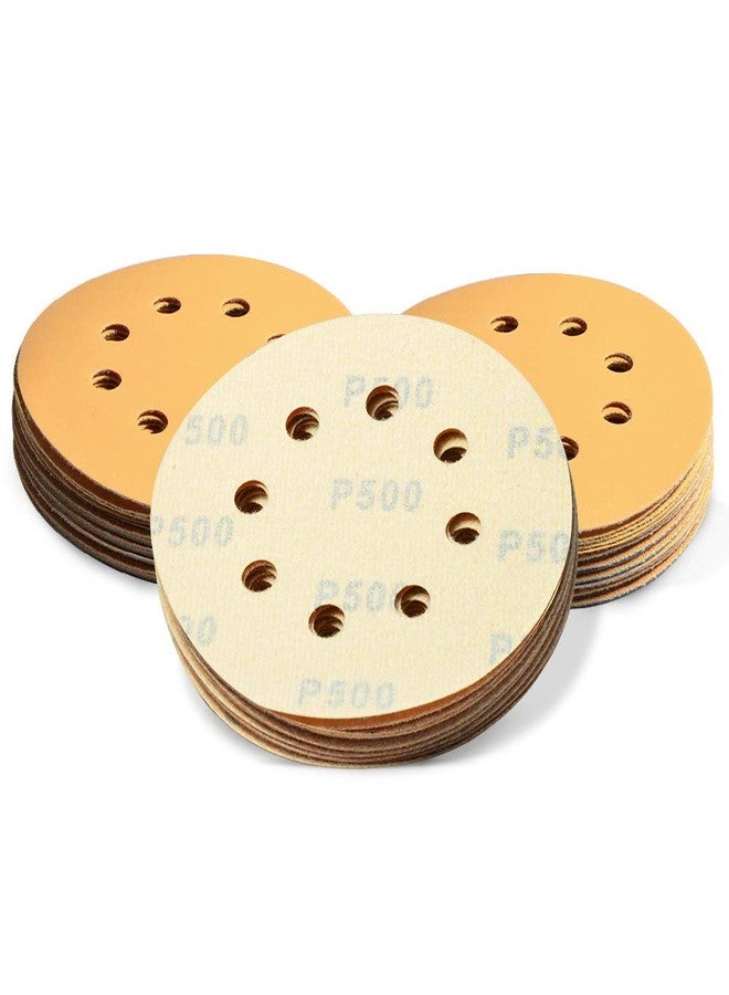 SPEEDWOX 50 Pcs 5 Inches 8 Hole Sanding Discs 500 Grit Dustless Hook and Loop Sandpaper for Random Orbital Sander Yellow Finishing Discs for Automotive Woodworking - Image 1
