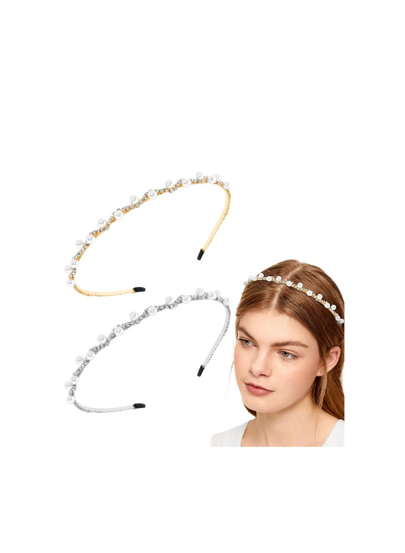 Y&D 2 Pcs Pearl Headband, White Fashion Alloy Rhinestones Hairbands, Perfect for Weddings and Special Occasions (Gold, Silver) - Image 1