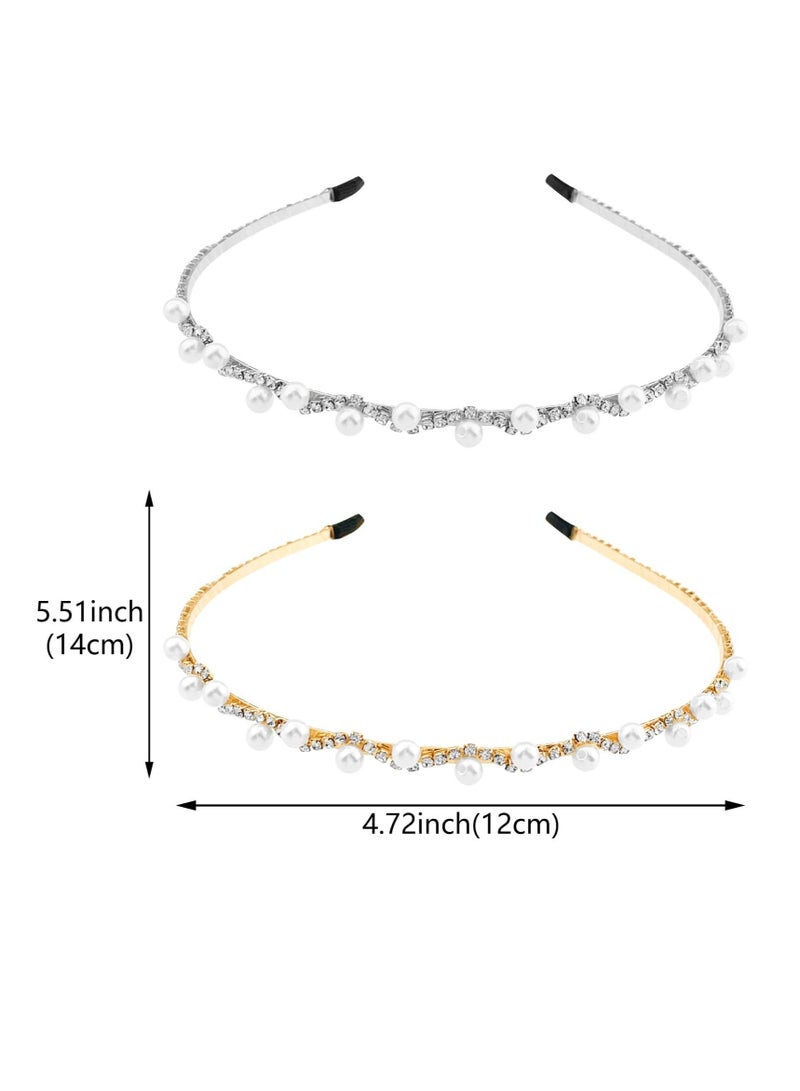 Y&D 2 Pcs Pearl Headband, White Fashion Alloy Rhinestones Hairbands, Perfect for Weddings and Special Occasions (Gold, Silver) - Image 2