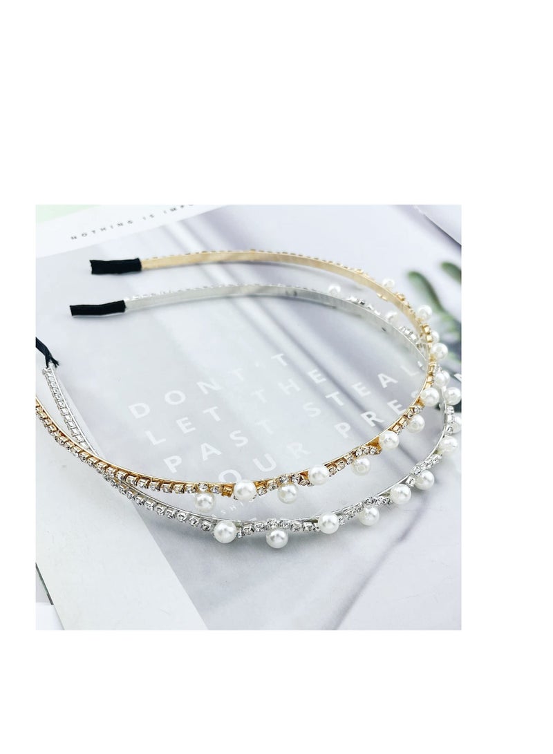 Y&D 2 Pcs Pearl Headband, White Fashion Alloy Rhinestones Hairbands, Perfect for Weddings and Special Occasions (Gold, Silver) - Image 5