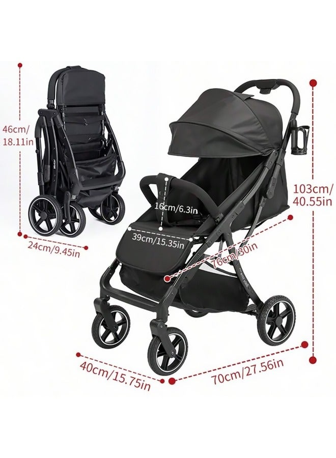 Luxury Baby Stroller - High-Landscape Lightweight Travel Stroller with Adjustable Backrest, One-Hand Fold, Large Sun Canopy, 4-Wheel Suspension, Multi-Position Recline for Newborns to Toddlers