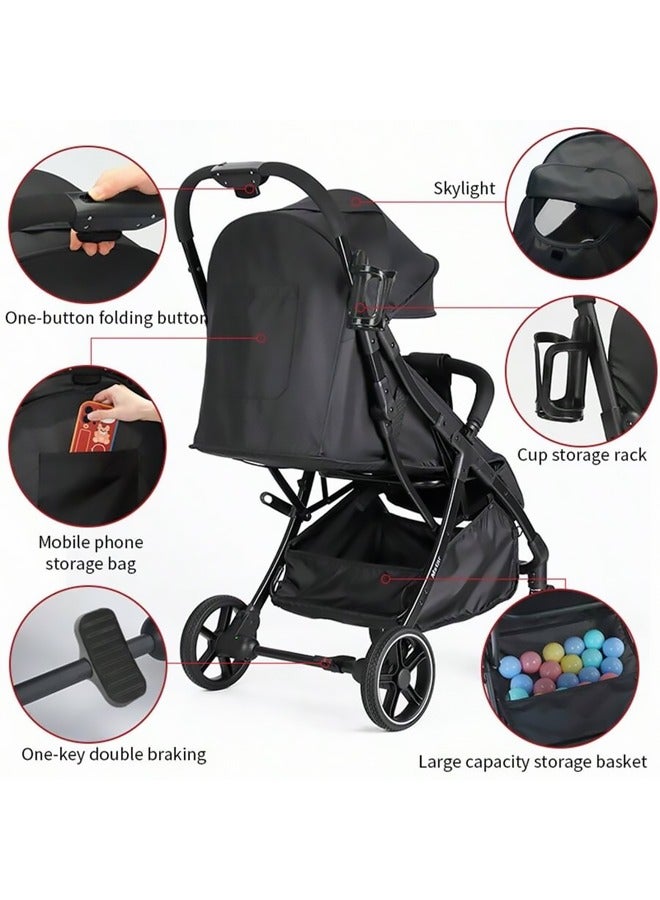 Luxury Baby Stroller - High-Landscape Lightweight Travel Stroller with Adjustable Backrest, One-Hand Fold, Large Sun Canopy, 4-Wheel Suspension, Multi-Position Recline for Newborns to Toddlers
