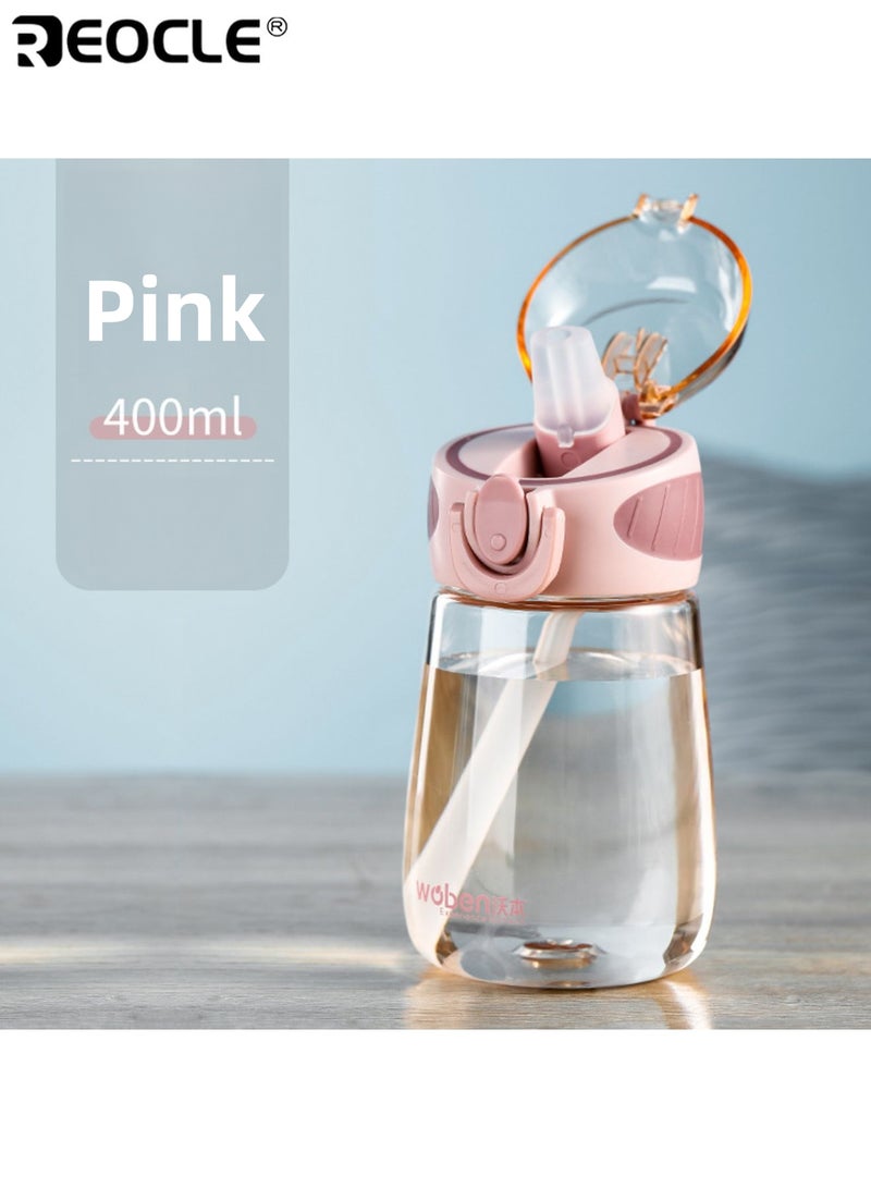 REOCLE 400ML Leak-Proof Water Bottle with Straw Shatter-Resistant Portable Handle Bearing and Durable Cup PVC-Free Plastic Water Bottle Hand Wash Design for Iced Coffee and Beverages - Image 1