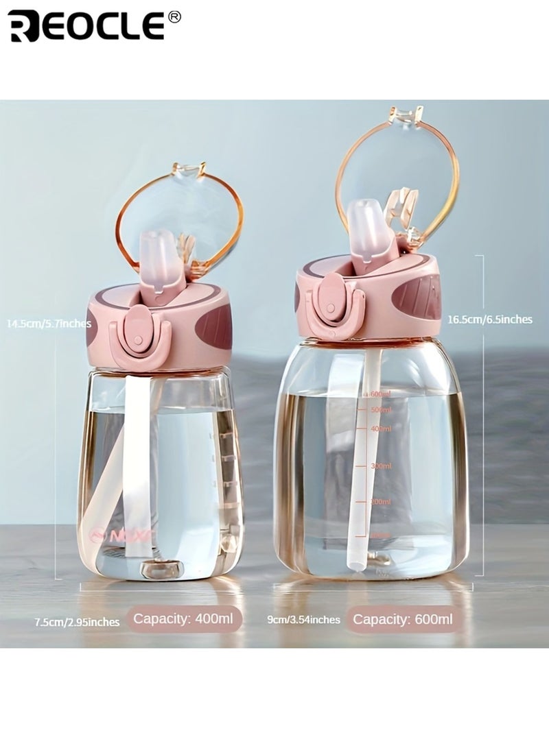 REOCLE 400ML Leak-Proof Water Bottle with Straw Shatter-Resistant Portable Handle Bearing and Durable Cup PVC-Free Plastic Water Bottle Hand Wash Design for Iced Coffee and Beverages - Image 3