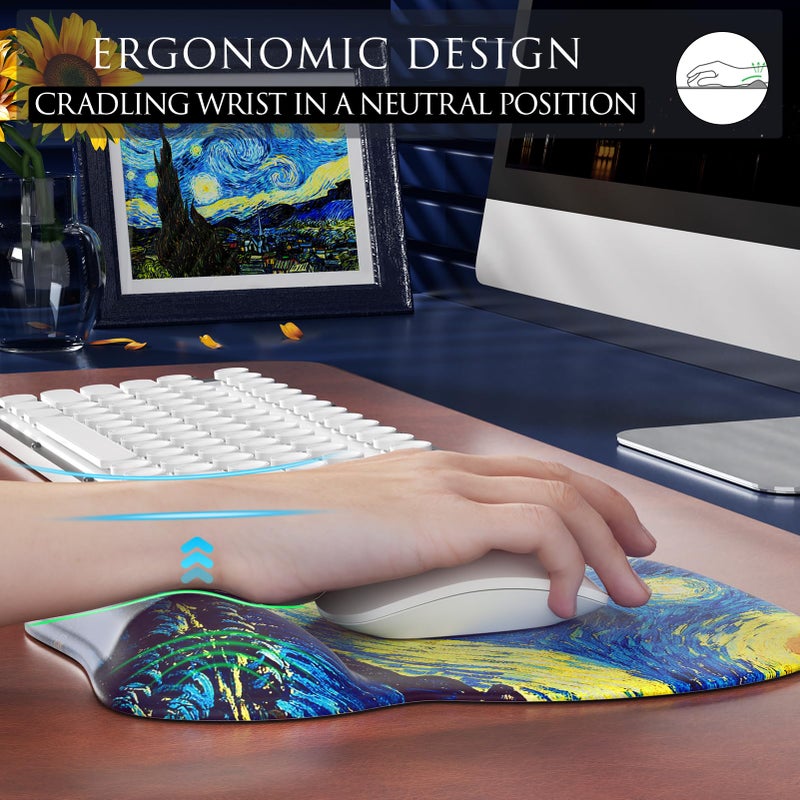 MROCO Ergonomic Mouse Pad with Gel Wrist Rest, Smooth Wrist Support Surface, Non-Slip PU Base for Pain Relief, Comfortable Mousepad for Computer, Laptop, Office & Home, 9.4 x 8.1 in, Starry Night - Image 5