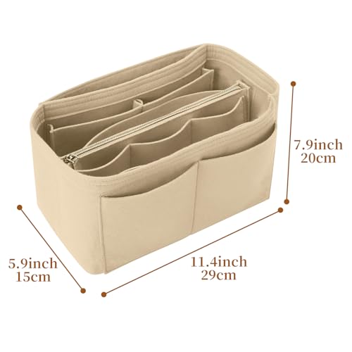 Wesoke Tote Bag Insert Organizer, Multi-Pocket Felt Handbag Organiser Inserts for Insert Wallet Organizer, Large Purse Organizer Inserts With Detachable Zipper Bag & Key Chain for Longchamp, Beige - Image 2