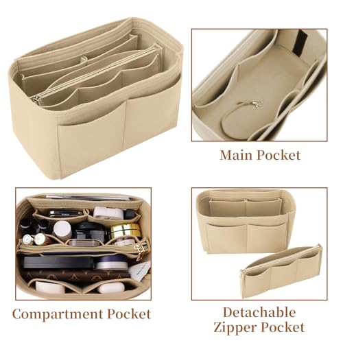 Wesoke Tote Bag Insert Organizer, Multi-Pocket Felt Handbag Organiser Inserts for Insert Wallet Organizer, Large Purse Organizer Inserts With Detachable Zipper Bag & Key Chain for Longchamp, Beige - Image 5