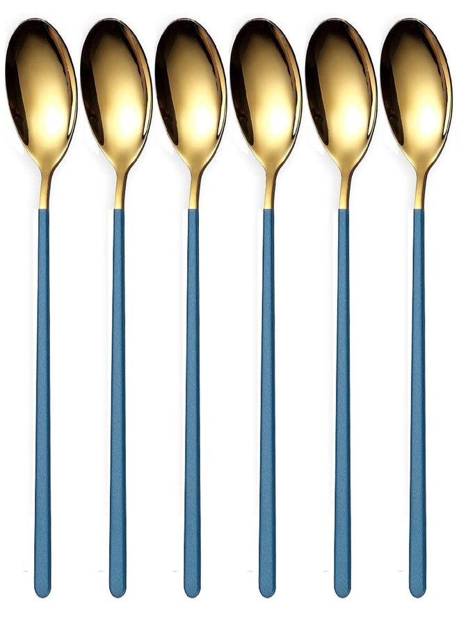 WE-CEF dinnerware Spoon 304 Stainless Steel Titanium Shiny Gold Plating Smooth Edge Modern Design Spoon Silverware Set Dessert Spoon Table Spoon, Suitable for Café Restaurant (Pack - Blue - 6) - Image 1