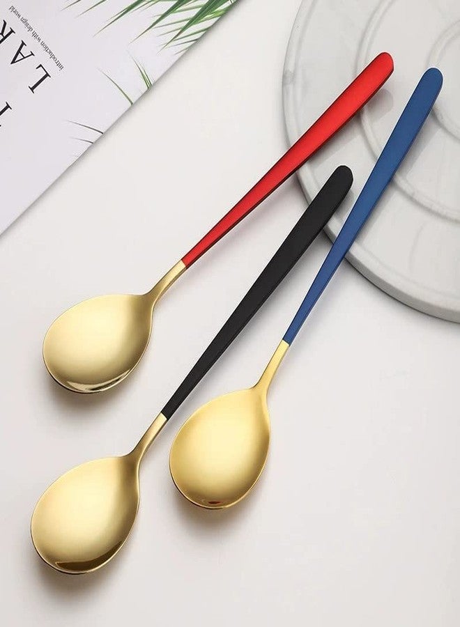 WE-CEF dinnerware Spoon 304 Stainless Steel Titanium Shiny Gold Plating Smooth Edge Modern Design Spoon Silverware Set Dessert Spoon Table Spoon, Suitable for Café Restaurant (Pack - Blue - 6) - Image 3