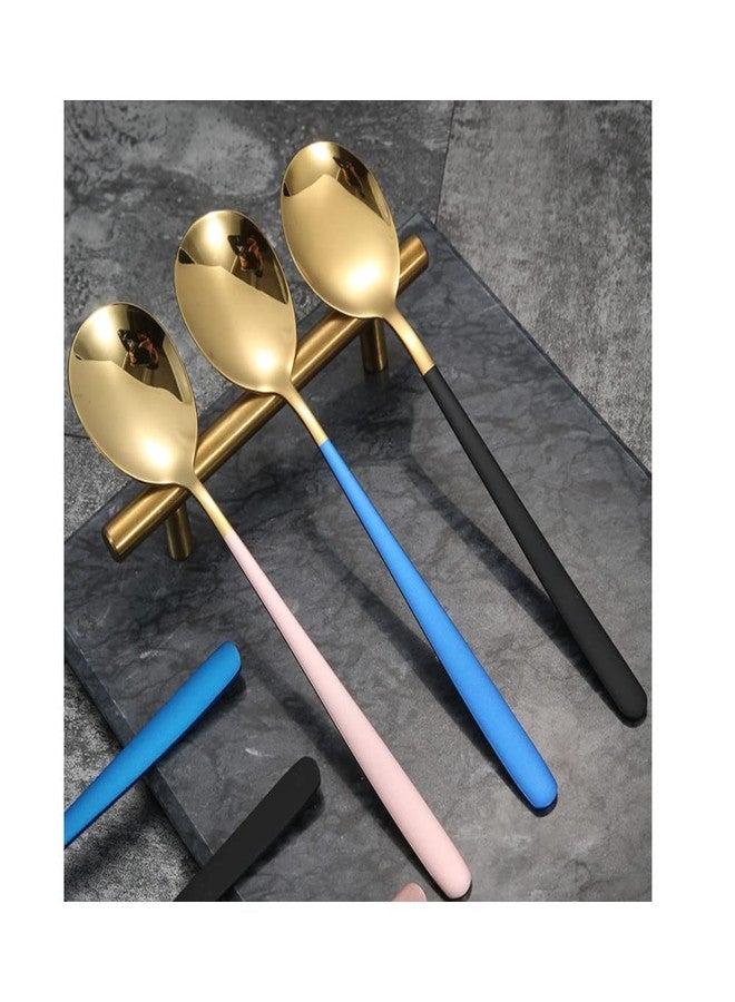 WE-CEF dinnerware Spoon 304 Stainless Steel Titanium Shiny Gold Plating Smooth Edge Modern Design Spoon Silverware Set Dessert Spoon Table Spoon, Suitable for Café Restaurant (Pack - Blue - 6) - Image 4