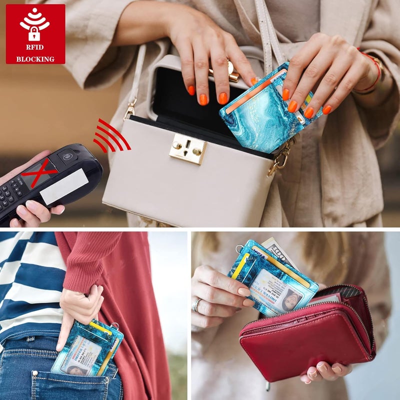 Coco Rossi محفظة رفيعة لحمل البطاقات RFID مع حاملة بطاقات هوية، محفظة صغيرة لطيفة مع سلسلة مفاتيح للنساء، أزرق متدفق - Image 5