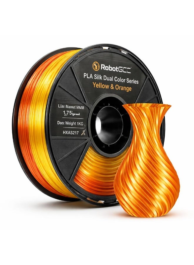 robotgcc PLA Silk Dual Color Yellow Orange 1.75mm 3D Printing Material 1KG Spool Glossy Gradient Filament Smooth Surface Easy Print Low Warping Strong Layer Adhesion Precision Diameter Stable Extrusion FDM Compatible for Decorative Models Prototyping DIY Projects - Image 1