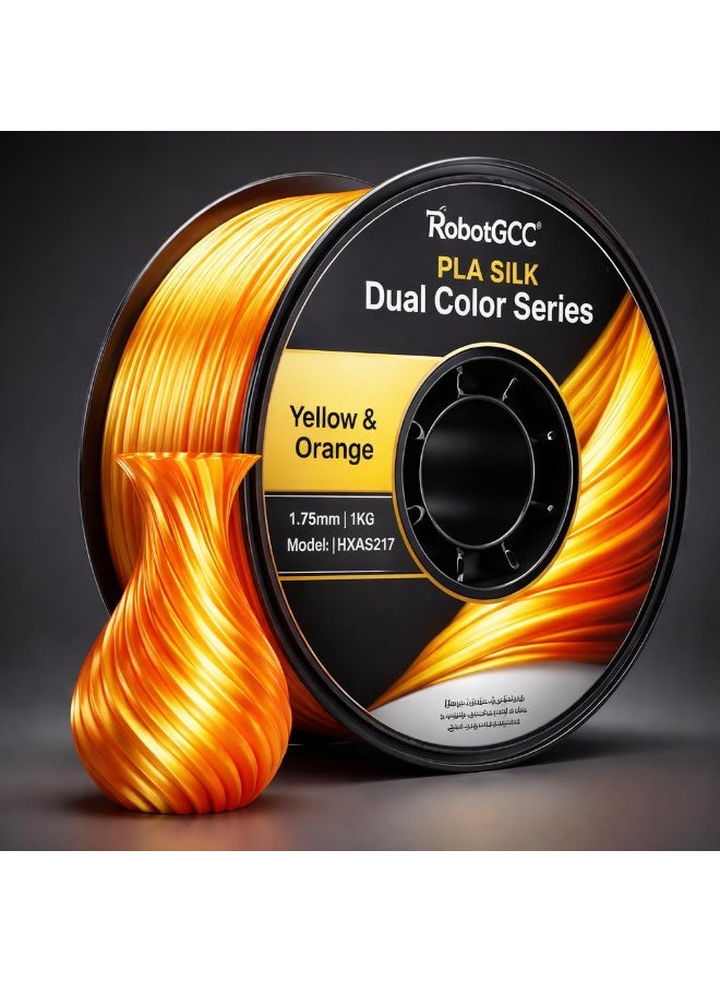 robotgcc PLA Silk Dual Color Yellow Orange 1.75mm 3D Printing Material 1KG Spool Glossy Gradient Filament Smooth Surface Easy Print Low Warping Strong Layer Adhesion Precision Diameter Stable Extrusion FDM Compatible for Decorative Models Prototyping DIY Projects - Image 2