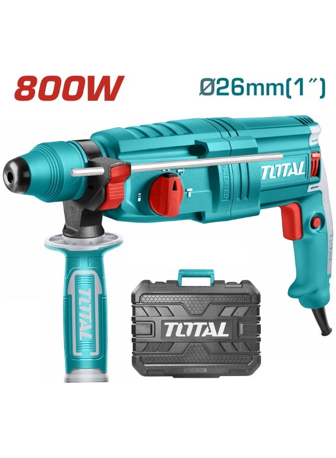 توتال TOTAL مطرقة حفر دوارة SDS-Plus بقوة 800 واط، طاقة طرق 2.5 جول، مثقاب خرسانة وأحجار ثقيل، سعة حفر 26 مم، سرعة 1100 دورة/دقيقة، معدل طرق 4000 ضربة/دقيقة، مثقاب ومطرقة تكسير، 3 ريش حفر و2 إزميل، TH308268 - Image 2