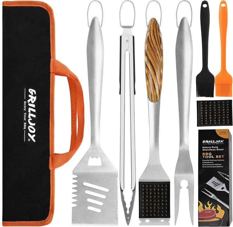 grilljoy 8PCS Heavy Duty BBQ Grill Tools Set with Extra Thick Stainless Steel Spatula, Fork, Tongs & Cleaning Brush - Complete Barbecue Accessories Kit with Portable Bag - Perfect Grill Gifts for Men - Image 1