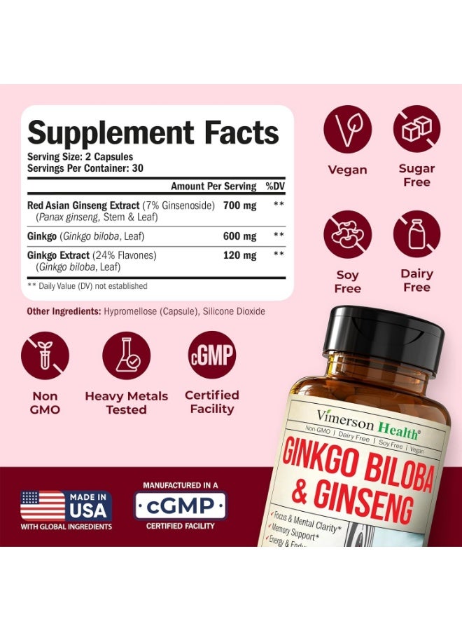 Vimerson Health Ginseng and Ginkgo Biloba Supplements Nootropic Brain Supplement for Memory, Focus Sustained Energy  60 Capsules 30 Serving - Image 2
