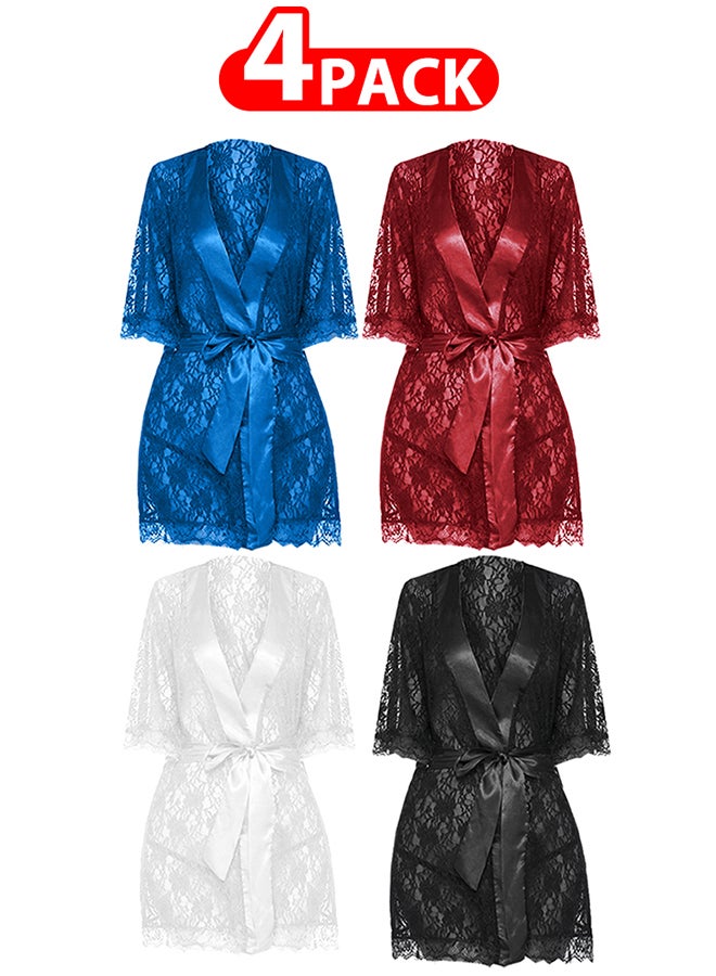 MARGOUN 4 Pack Womens XXL Size Robes Babydoll Robe Transparent Lace Deep V-Neck Short Lingerie Sleepwear Soft Kimono Bathrobe Dressing Gown Nightwear /XXL(bust 96-100/waist 80-84/hip 104-108) - Image 1