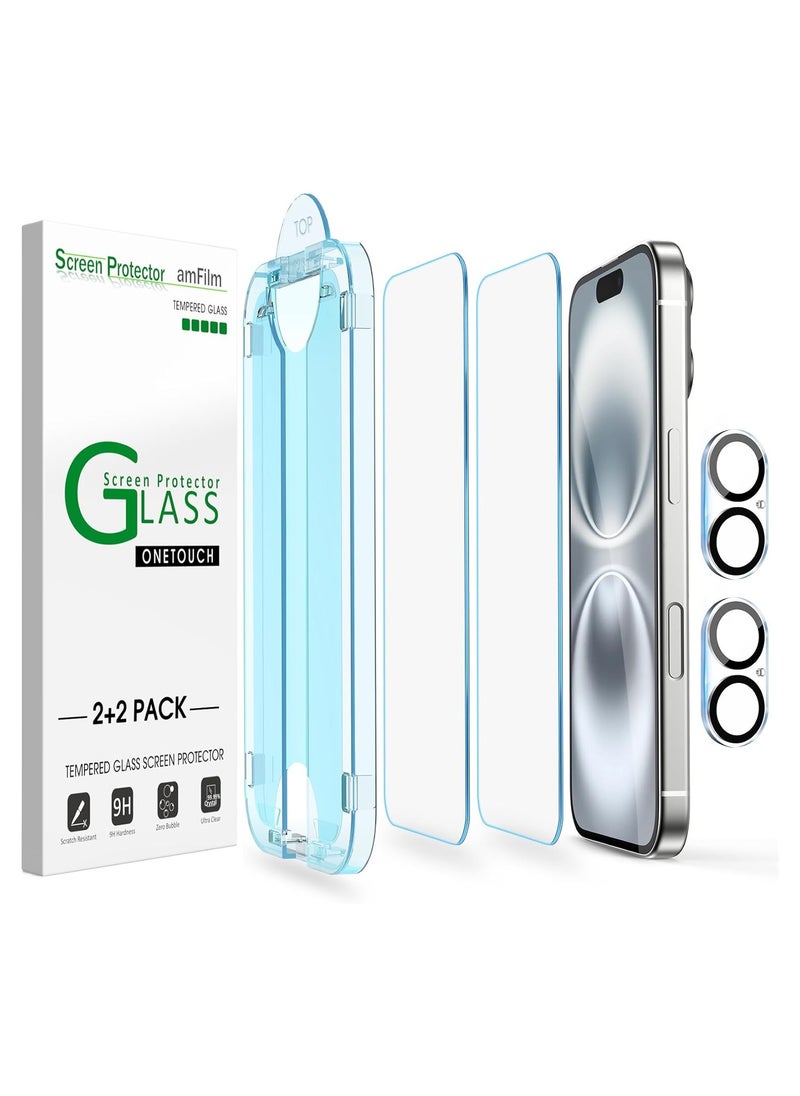 Amfilm amFilm Auto-Alignment OneTouch for iPhone 16 [6.1] Screen Protector + Camera Lens Protector, Tempered Glass, 30 seconds Installation, Bubble Free, Case Friendly, Anti-Scratch [2+2 Pack]  - Image 1