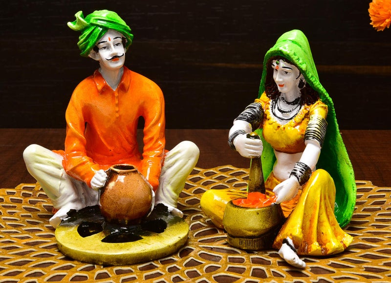 Karigaari India Handcrafted Polyresine Rajasthani Couple Making Mirchi & Pottery Showpiece for Home Decor - Image 1