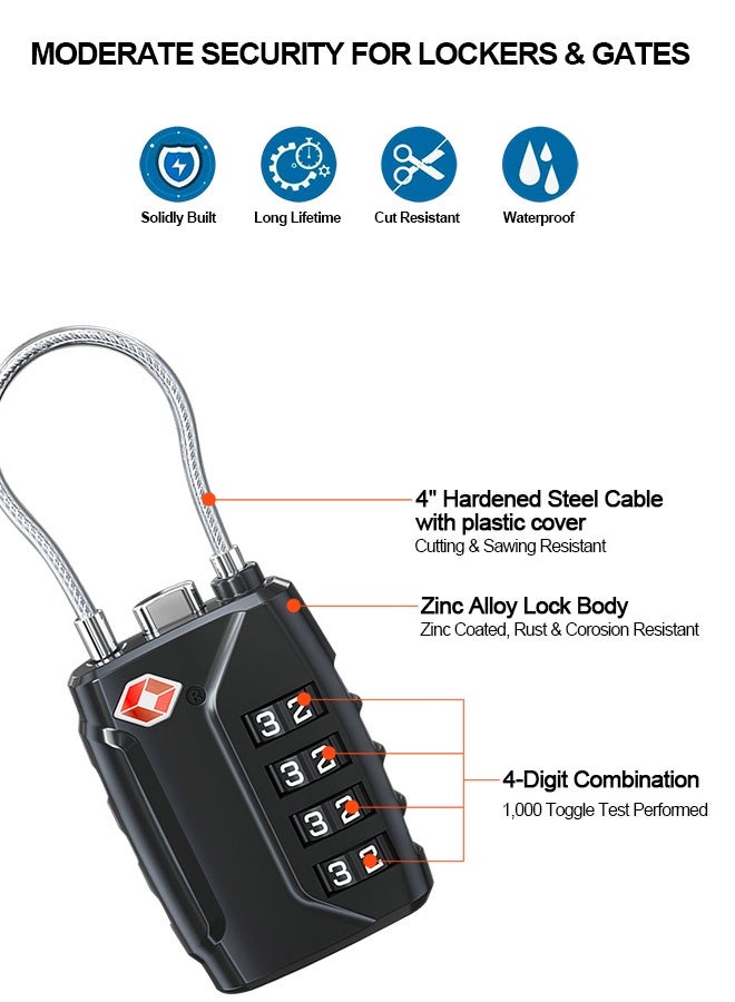 بشكل مختصر [حزمة من 4 قطعة] قلابات الأمتعة المعتمدة من TSA، قلابات الأمتعة الأمنية ذات 4 أرقام، قلابة مركبة للأمتعة مع كبل مرن لقلابة السفر، (أسود+أسود+فضي+فضي) - Image 2