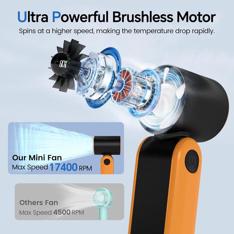 MERTTURM Handheld Portable Fan, 17400RPM Powerful Turbo Fan with Hook, 3000mAh Rechargeable Personal Mini Pocket Fan with 5 Speeds for Commuting/Walking/Shopping/Traveling/School - Black Orange - Image 2