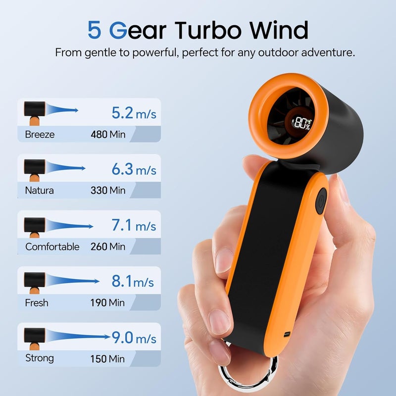 MERTTURM Handheld Portable Fan, 17400RPM Powerful Turbo Fan with Hook, 3000mAh Rechargeable Personal Mini Pocket Fan with 5 Speeds for Commuting/Walking/Shopping/Traveling/School - Black Orange - Image 4