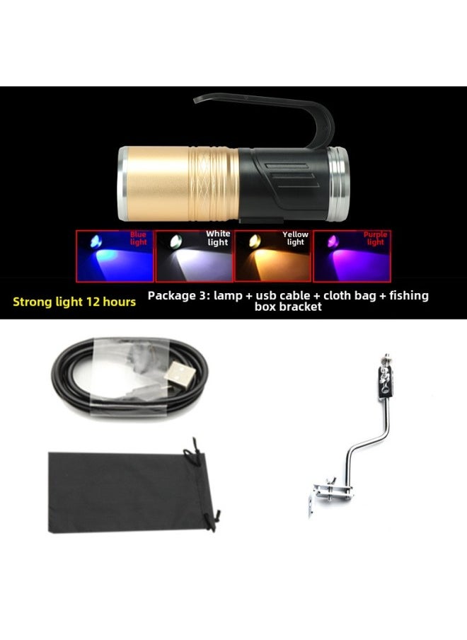Generic Highlight LED Night Fishing Lights Fishing Lights Blue Light Zoom Fishing Gear USB Strong Light Rechargeable Fish Flashlight-Color:4 Light Set 3: Lamp + Line + Cloth Bag + Fishing Box Rack  - Image 1