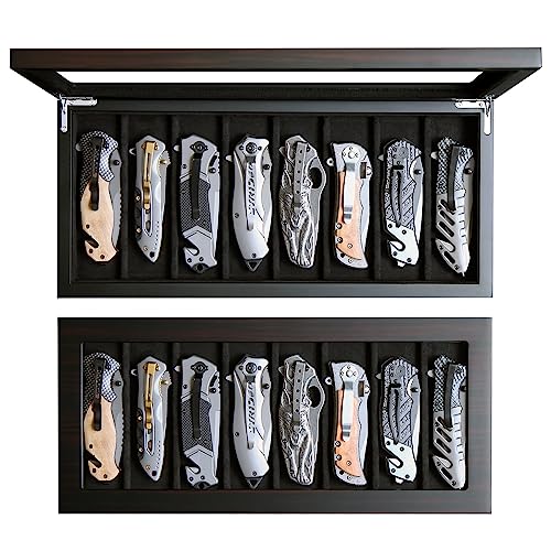 Besforu Knife Display Case Organizer storage 8 pocket knives, Folding Knife Holder with Real Glass Window Top， Pocket knife collection box for men gift (Ebony Veneer 8 slot) - Image 1
