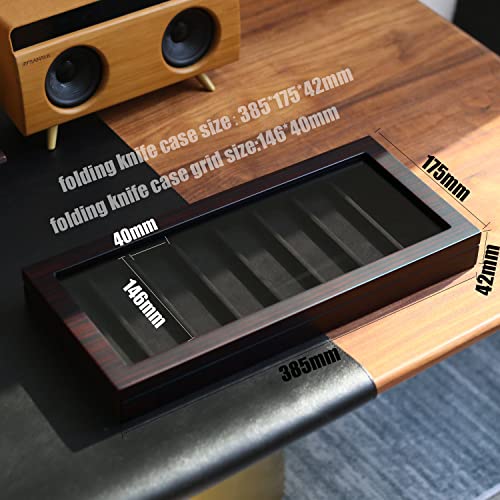 Besforu Knife Display Case Organizer storage 8 pocket knives, Folding Knife Holder with Real Glass Window Top， Pocket knife collection box for men gift (Ebony Veneer 8 slot) - Image 4