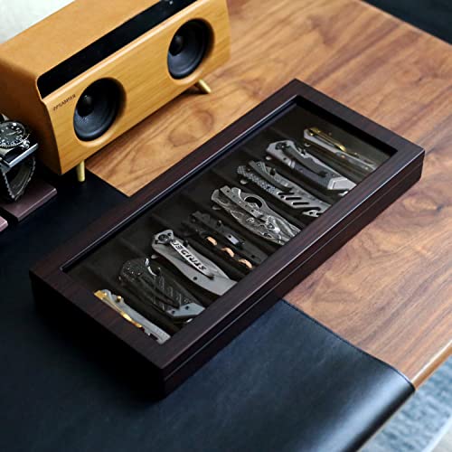 Besforu Knife Display Case Organizer storage 8 pocket knives, Folding Knife Holder with Real Glass Window Top， Pocket knife collection box for men gift (Ebony Veneer 8 slot) - Image 2
