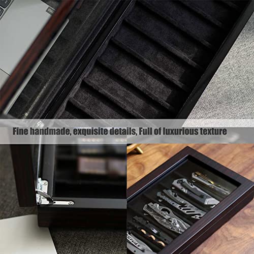 Besforu Knife Display Case Organizer storage 8 pocket knives, Folding Knife Holder with Real Glass Window Top， Pocket knife collection box for men gift (Ebony Veneer 8 slot) - Image 5