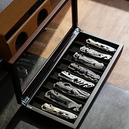 Besforu Knife Display Case Organizer storage 8 pocket knives, Folding Knife Holder with Real Glass Window Top， Pocket knife collection box for men gift (Ebony Veneer 8 slot) - Image 3