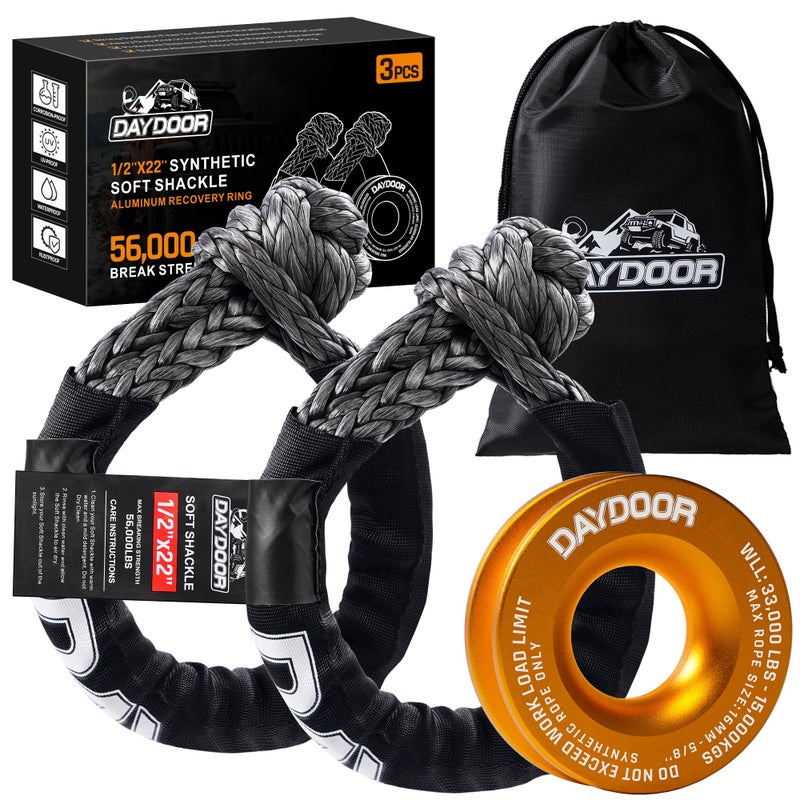 DAYDOOR 56000 LBS Soft Shackle Recovery Kit 12 x 22 2Pack with 7075 Aluminum Snatch Ring Winch Accessory for Jeep Wrangler Bronco 4Runner Tacoma ATVUTVJeepsSUVs 4x4 OffRoadGray