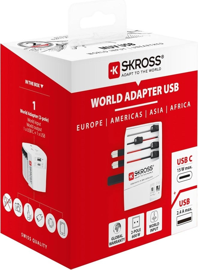 SKROSS Universal Travel Plug with USB and USB C, 1.302962, White - Image 2