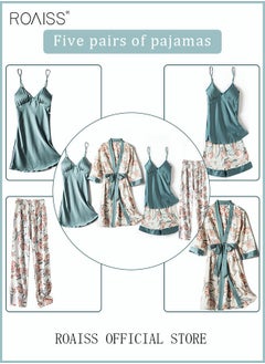 roaiss 5-Pack Women's Pajama Set Sling with Chest Pad Nightdress Sweet Sleepwear Home Wearing Clothes Suits Ladies Floral Printing Nightwear Lingerie Robe Underwear Shorts Summer Spring Blue  - Image 1