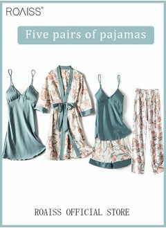 roaiss 5-Pack Women's Pajama Set Sling with Chest Pad Nightdress Sweet Sleepwear Home Wearing Clothes Suits Ladies Floral Printing Nightwear Lingerie Robe Underwear Shorts Summer Spring Blue  - Image 2